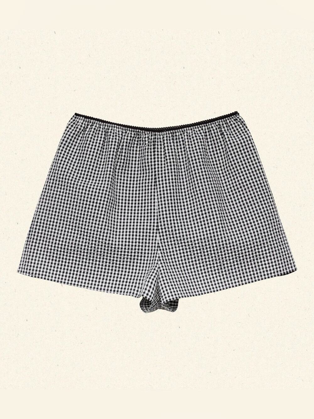NWT Doen Larena Cotton Seersucker Shorts Noir La Maddalena Gingham Black White